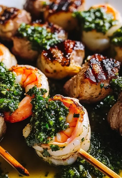 Gegrillte Surf-und-Turf-Spieße mit Chimichurri